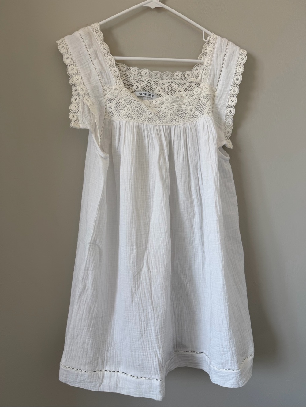 Oliveac White Cotton Lace-Trim Baby Doll Dress